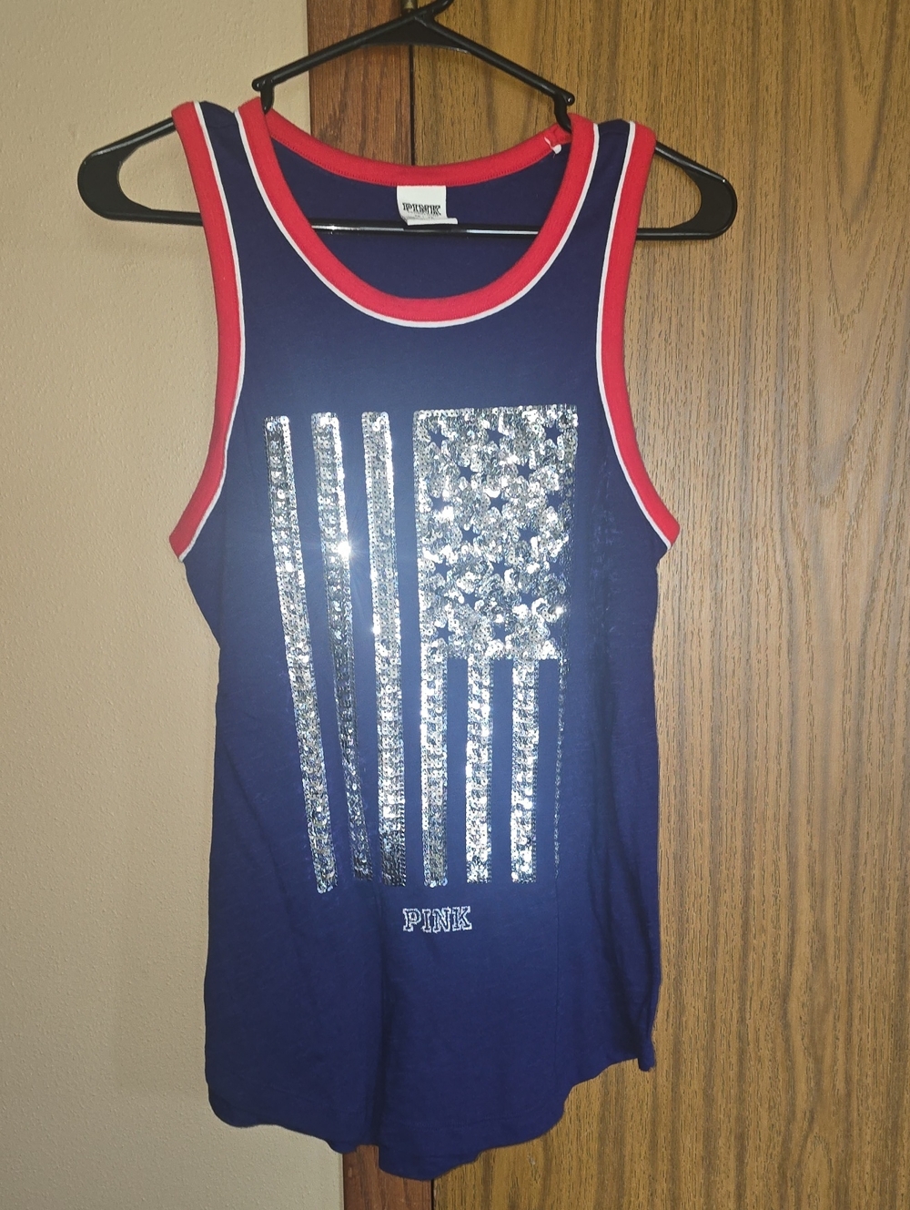 PINK Victoria's Secret Navy Tank with Red Trim and Silver Sequin Flag